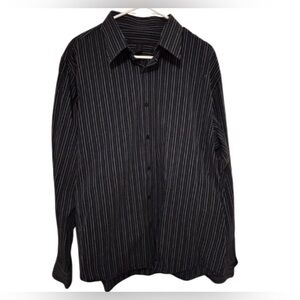 Express Men's Black Button-Up Shirt with Blue and White Pinstripes